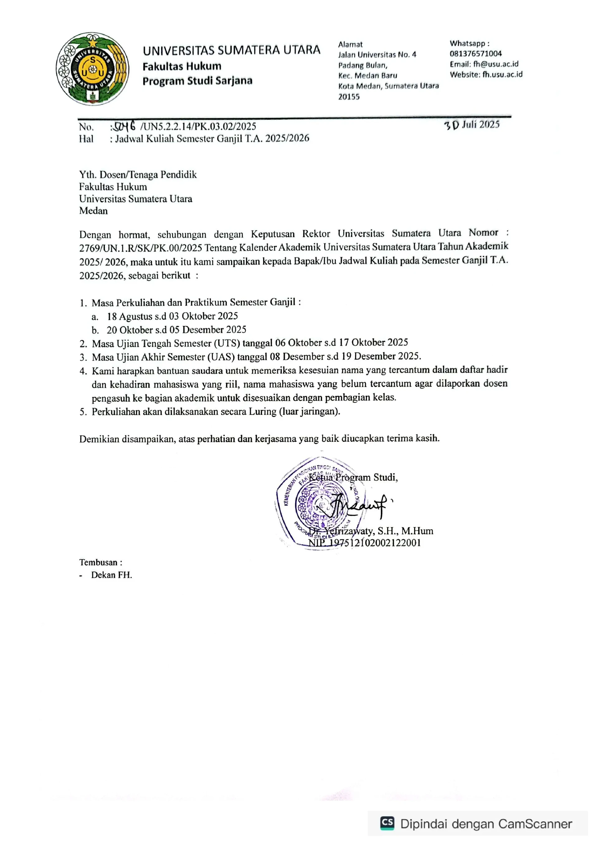 Jadwal Kuliah Semester Ganjil T.A 2025/2026